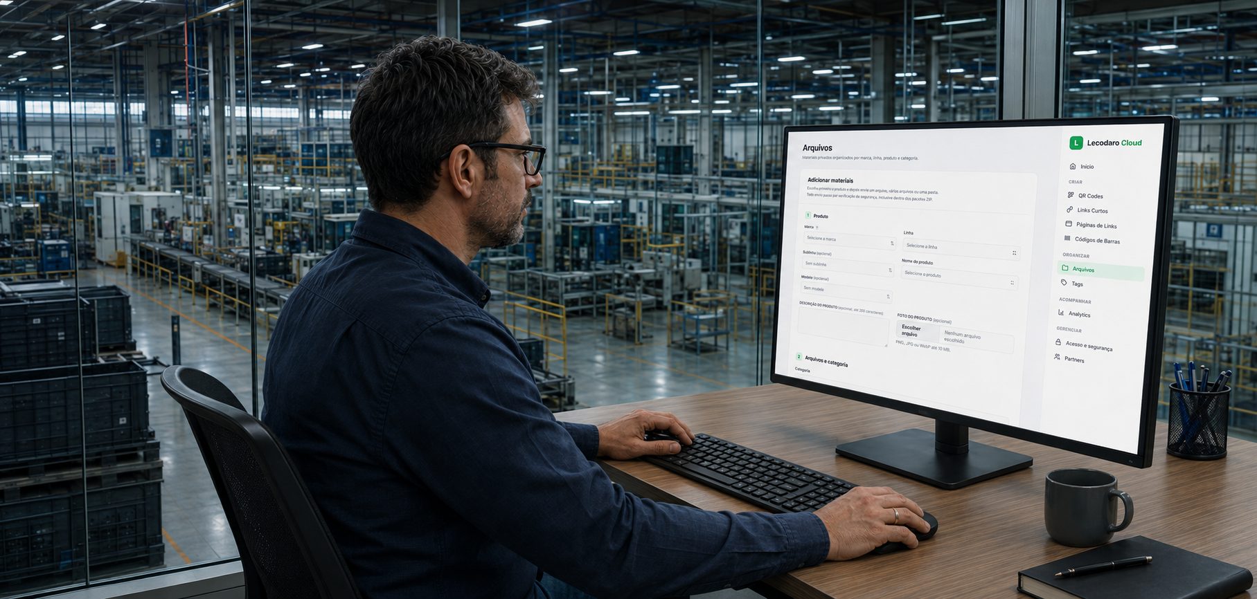 Profissional em um escritório com vista para a fábrica, usando a área de Arquivos da Lecodaro Cloud no monitor.